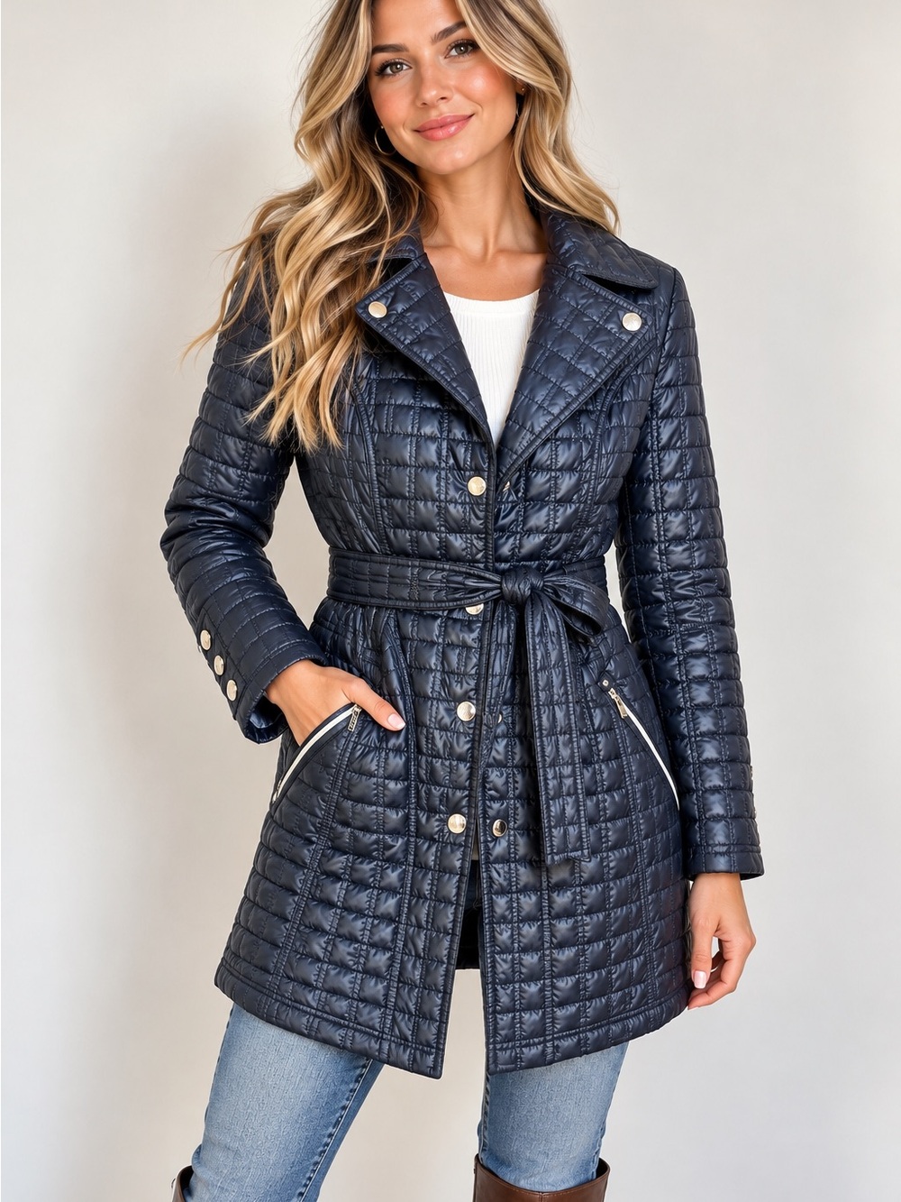Laundry by Shelli Segal Quilted Navy Belted Jacket Trench Coat Women Size small